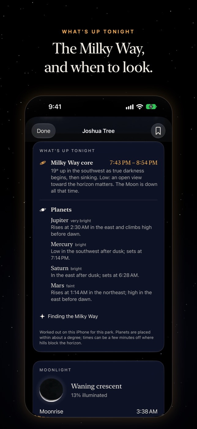 Nyx on iPhone: What's up tonight at Joshua Tree. The Milky Way core is timed from 7:43 to 8:54 PM, 19 degrees up in the southwest, with Jupiter, Mercury, Saturn and Mars listed below with their rise and set times.