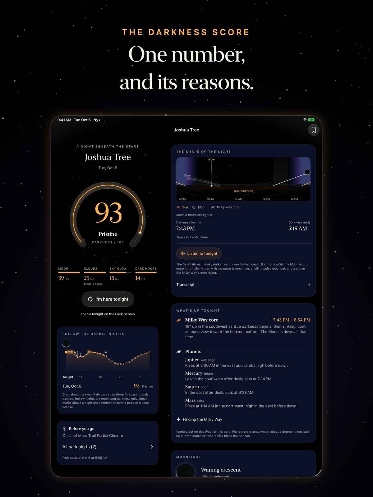 Nyx on iPad: park detail and the score.