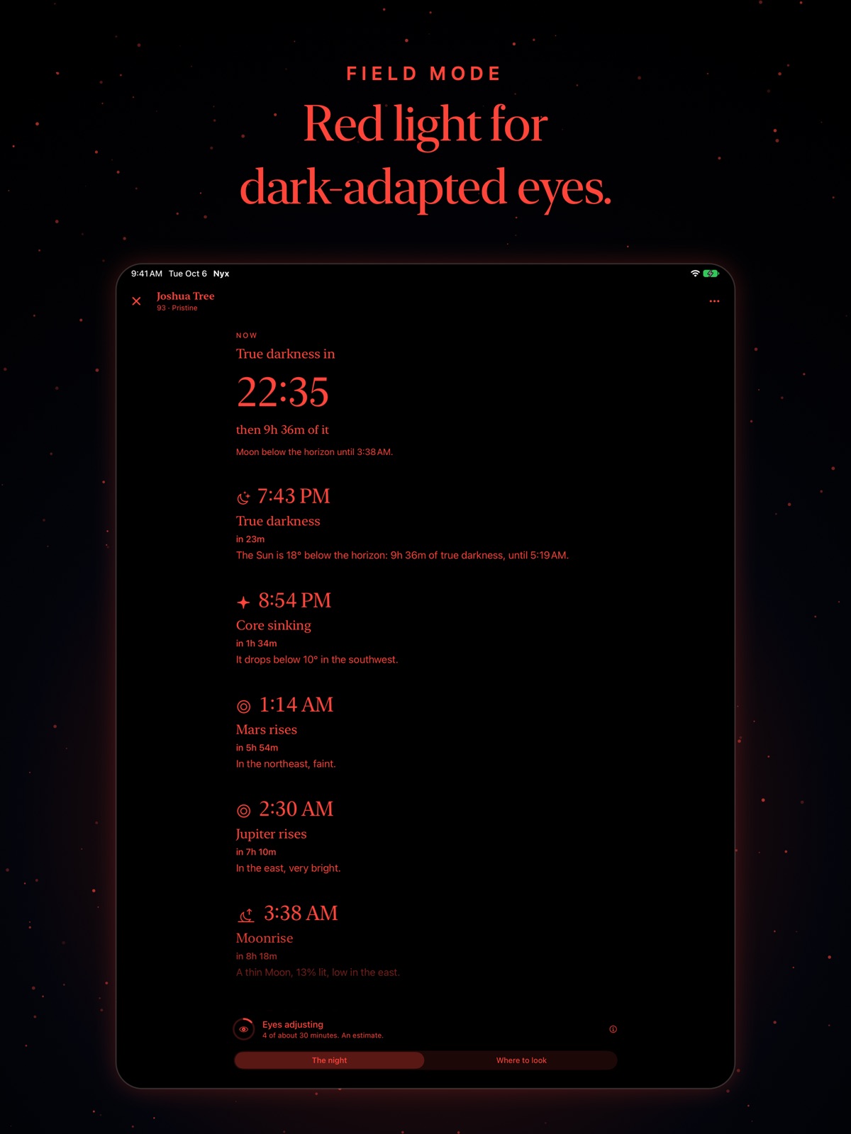 Nyx on iPad: field mode in red.