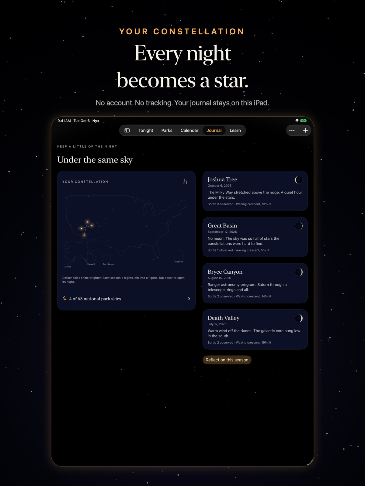 Nyx on iPad: the journal's constellation, with sample entries.