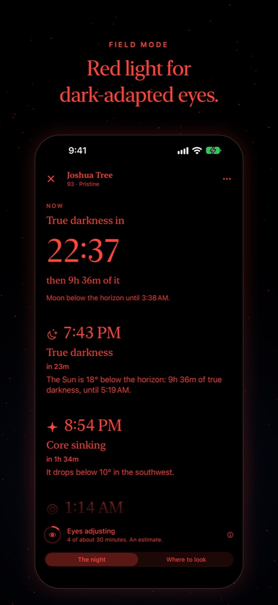 Field mode in red: a countdown to true darkness and the night's milestones.