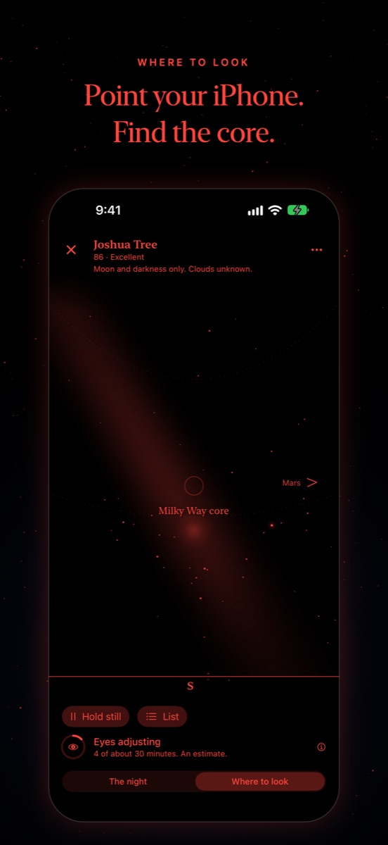 Where to look: the Milky Way core on a red sky that turns with the phone.