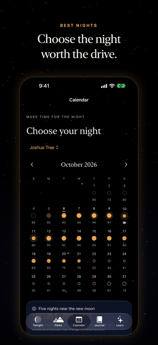 The calendar: a month of nights as dots sized by score.