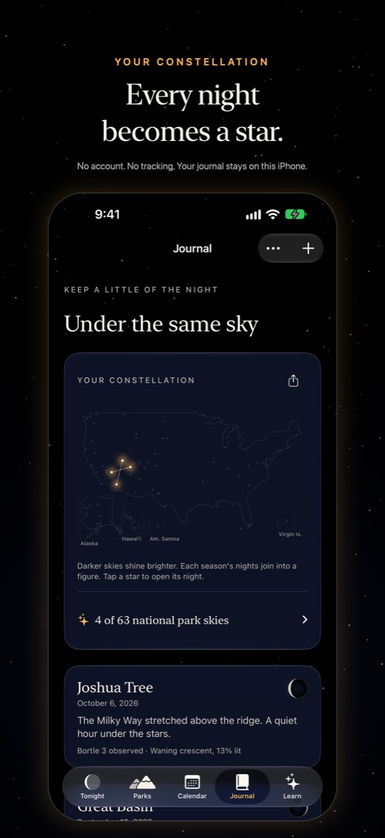 The journal's constellation, with sample entries.