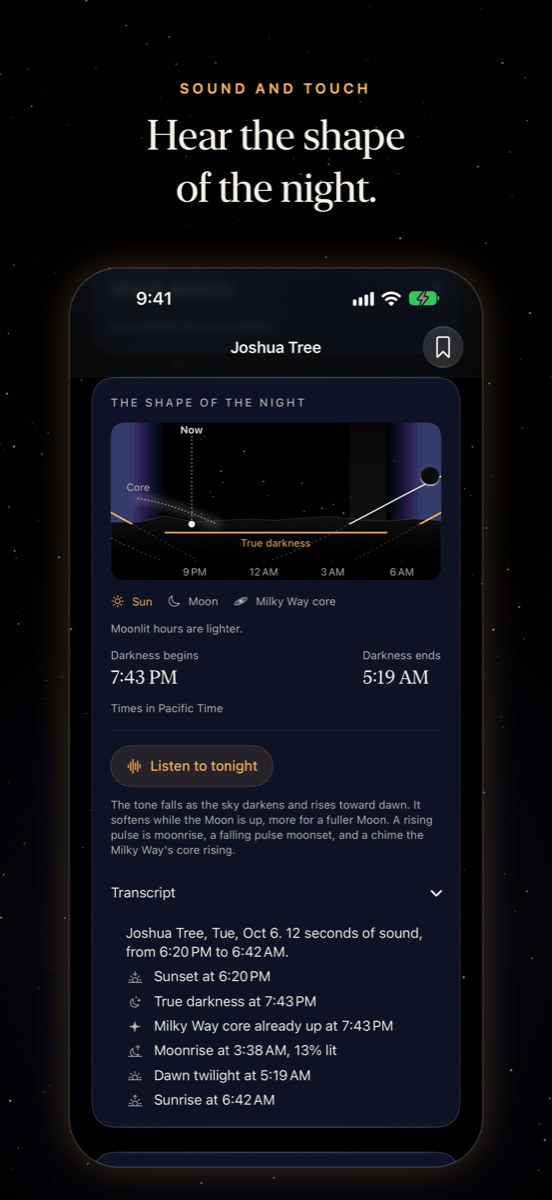 The shape of the night, with Listen to tonight and its transcript.