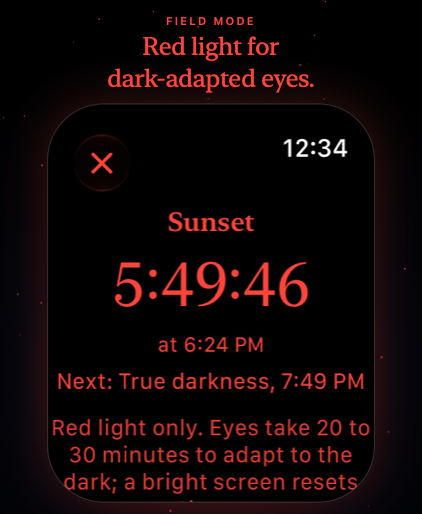 Nyx on Apple Watch: the dark-adaptation clock in red.